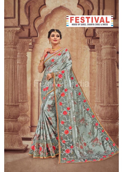 Awesome Grey Color satin  Traditional Saree